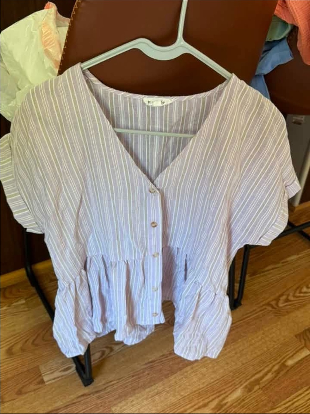 Blu Pepper Lavender Striped Button-Front Peplum Blouse